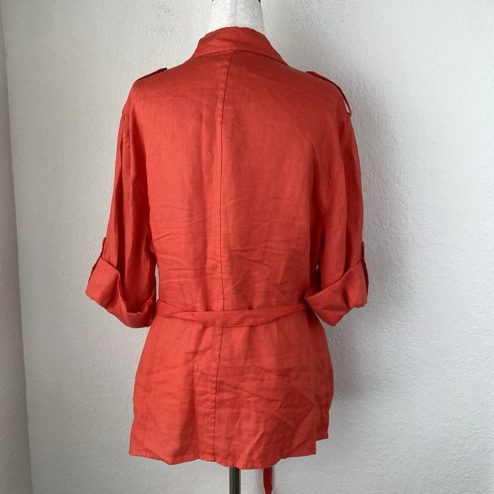 Chaus L Organic Linen Utility Shirt Belted Orange Boyfriend Coastal Lagenlook